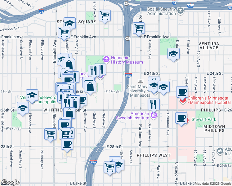 map of restaurants, bars, coffee shops, grocery stores, and more near 2523 Clinton Avenue in Minneapolis