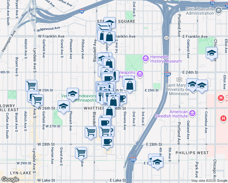 map of restaurants, bars, coffee shops, grocery stores, and more near 2521 Nicollet Avenue in Minneapolis