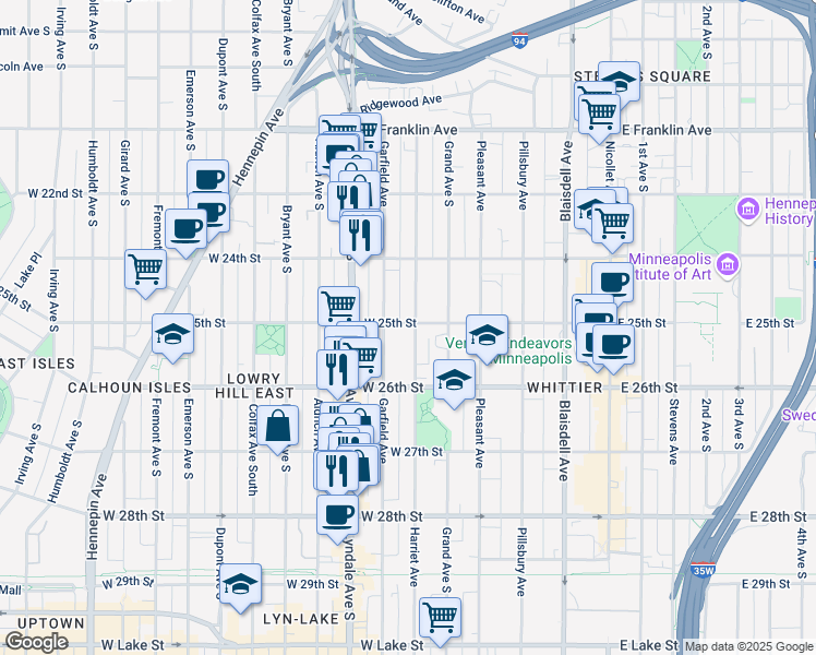map of restaurants, bars, coffee shops, grocery stores, and more near 2521 Garfield Avenue in Minneapolis