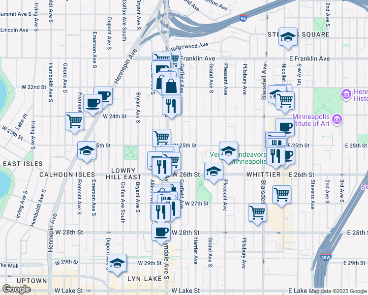 map of restaurants, bars, coffee shops, grocery stores, and more near 2521 Garfield Avenue in Minneapolis