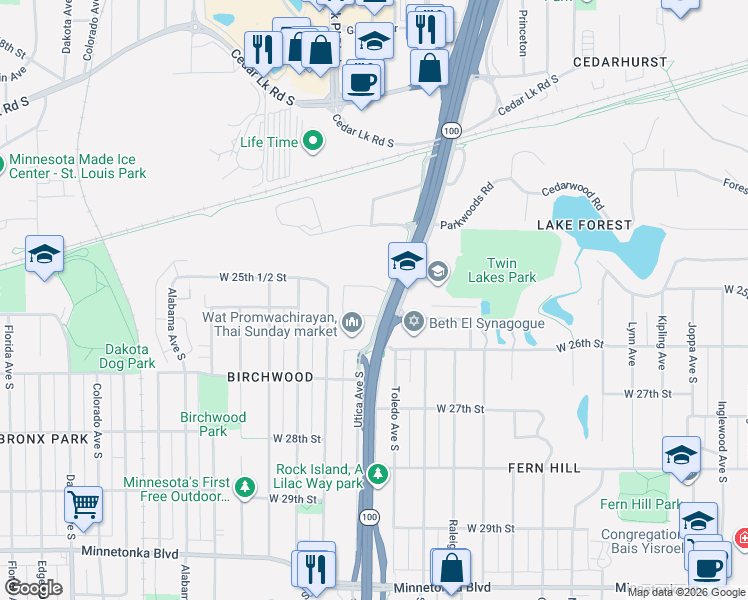 map of restaurants, bars, coffee shops, grocery stores, and more near 2512 Minnesota 100 in St. Louis Park