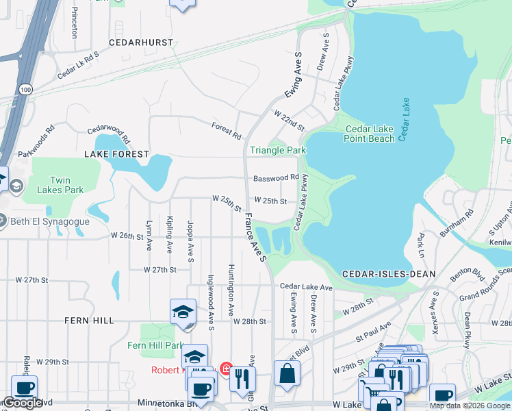 map of restaurants, bars, coffee shops, grocery stores, and more near 2525 France Avenue South in Minneapolis