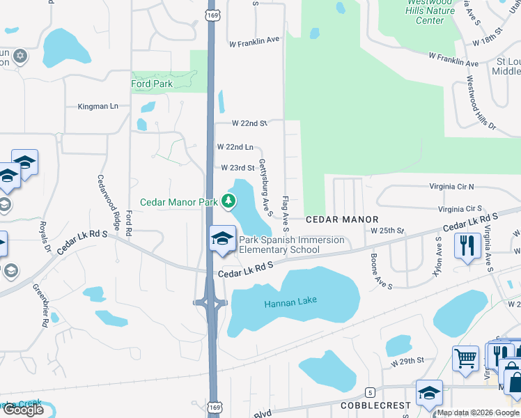 map of restaurants, bars, coffee shops, grocery stores, and more near 2454 Gettysburg Avenue South in Minneapolis