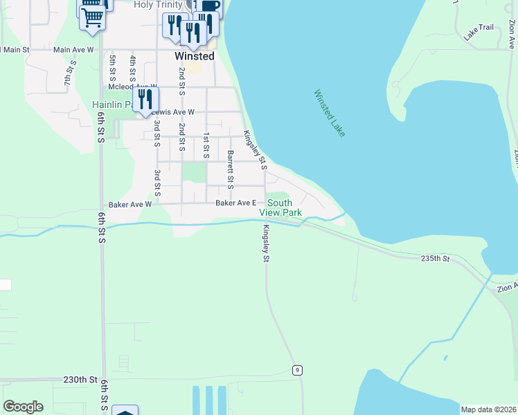 map of restaurants, bars, coffee shops, grocery stores, and more near 251 Baker Avenue East in Winsted
