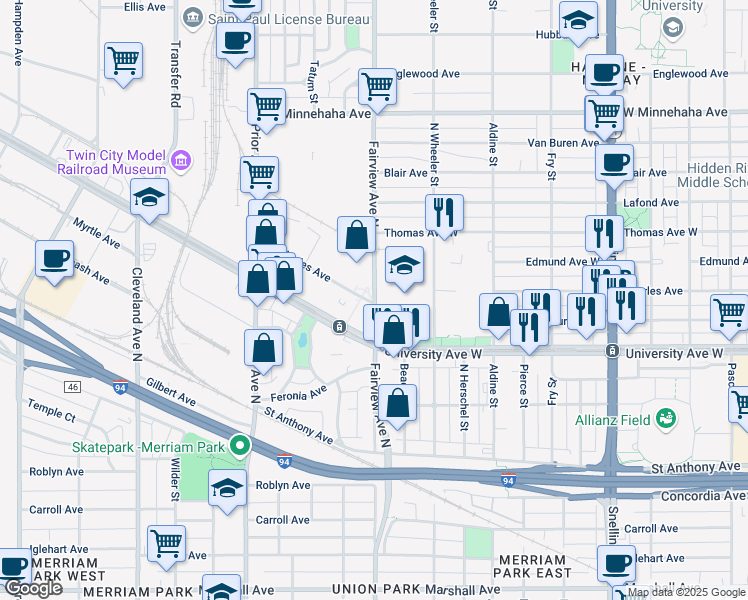 map of restaurants, bars, coffee shops, grocery stores, and more near 548 Fairview Avenue North in Saint Paul