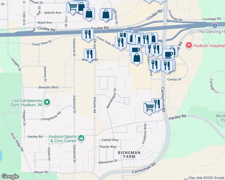 map of restaurants, bars, coffee shops, grocery stores, and more near 2307 Namekagon Street in Hudson