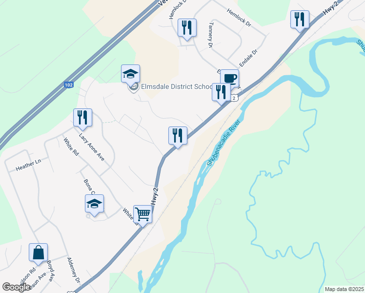 map of restaurants, bars, coffee shops, grocery stores, and more near 1-541 Highway 2 in Elmsdale