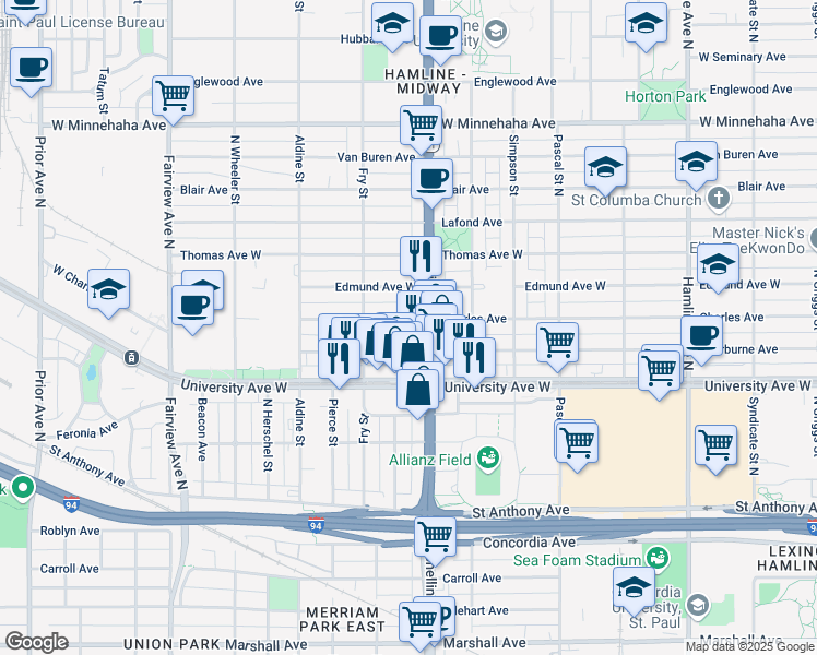 map of restaurants, bars, coffee shops, grocery stores, and more near 1608 Sherburne Avenue in Saint Paul