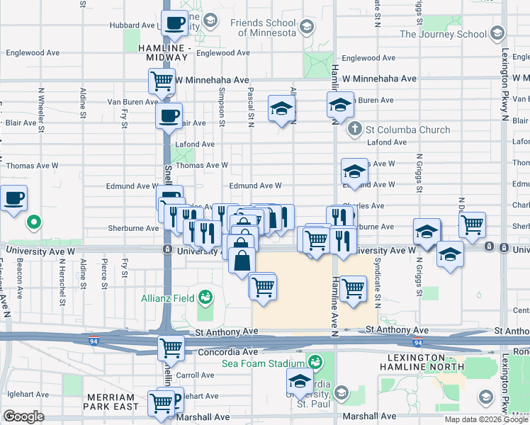 map of restaurants, bars, coffee shops, grocery stores, and more near 1424 Sherburne Avenue in Saint Paul