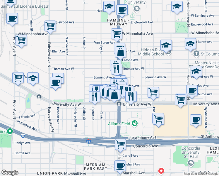 map of restaurants, bars, coffee shops, grocery stores, and more near 1600 Edmund Avenue West in Saint Paul