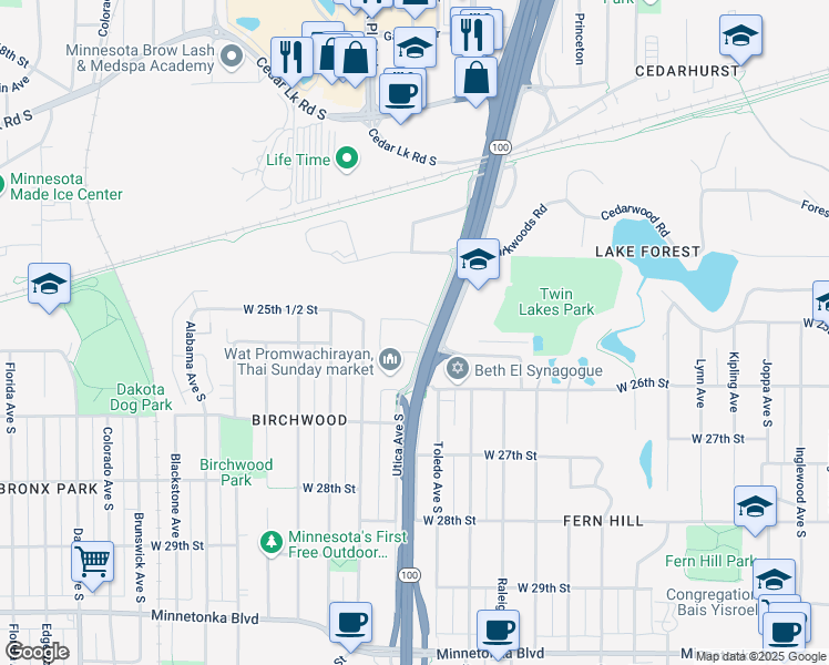 map of restaurants, bars, coffee shops, grocery stores, and more near 2480 Utica Avenue South in St. Louis Park