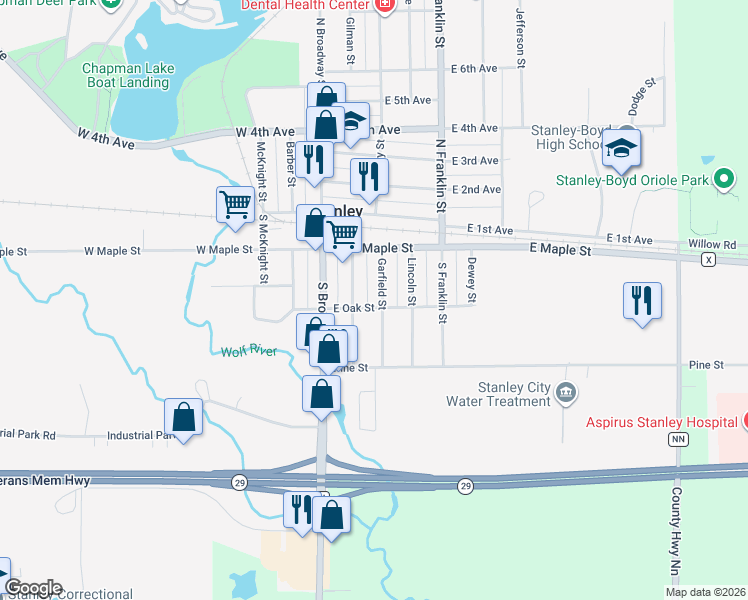 map of restaurants, bars, coffee shops, grocery stores, and more near 217 Washington Street in Stanley