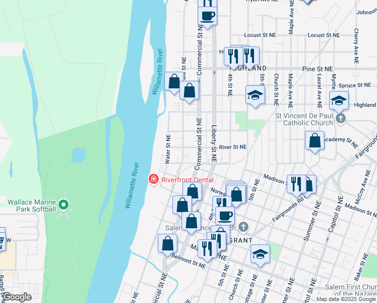 map of restaurants, bars, coffee shops, grocery stores, and more near 1995 Commercial Street Northeast in Salem