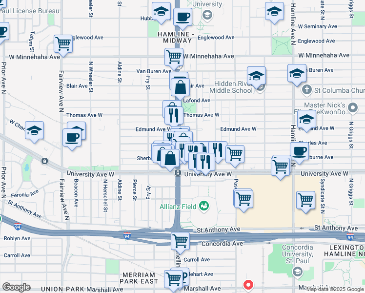 map of restaurants, bars, coffee shops, grocery stores, and more near 556 Snelling Avenue in Saint Paul