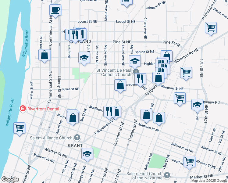 map of restaurants, bars, coffee shops, grocery stores, and more near 2005 Hazel Avenue Northeast in Salem