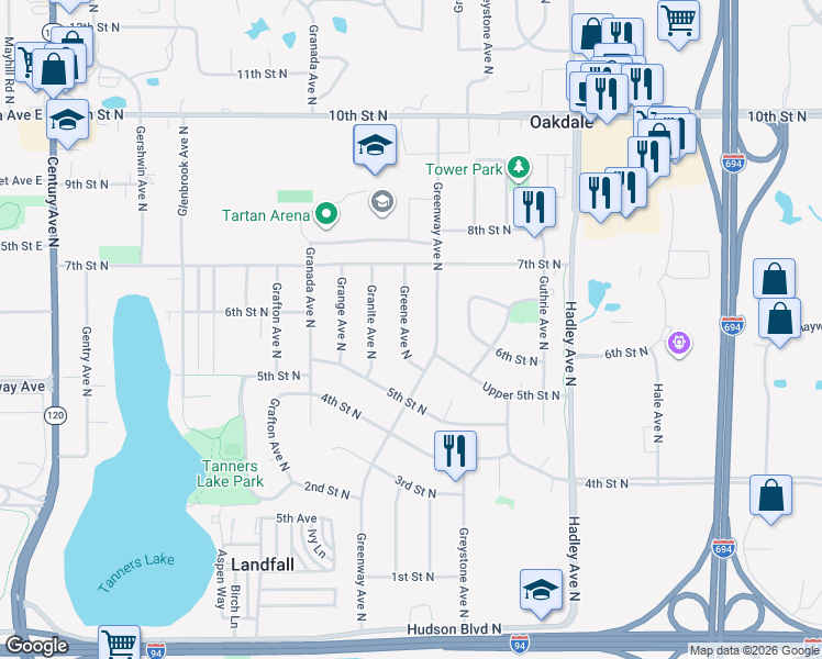 map of restaurants, bars, coffee shops, grocery stores, and more near 660 Greene Avenue North in Oakdale