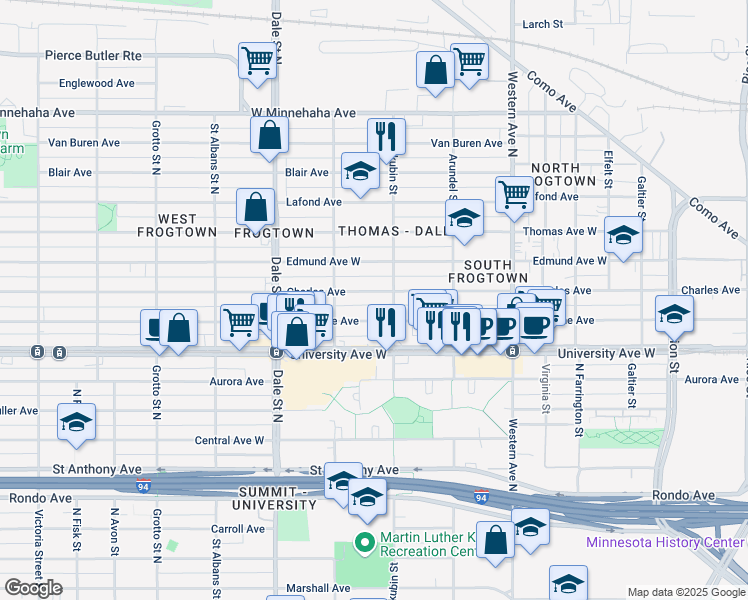 map of restaurants, bars, coffee shops, grocery stores, and more near in Saint Paul