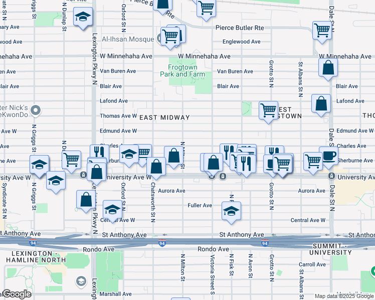 map of restaurants, bars, coffee shops, grocery stores, and more near 899 Charles Avenue in Saint Paul