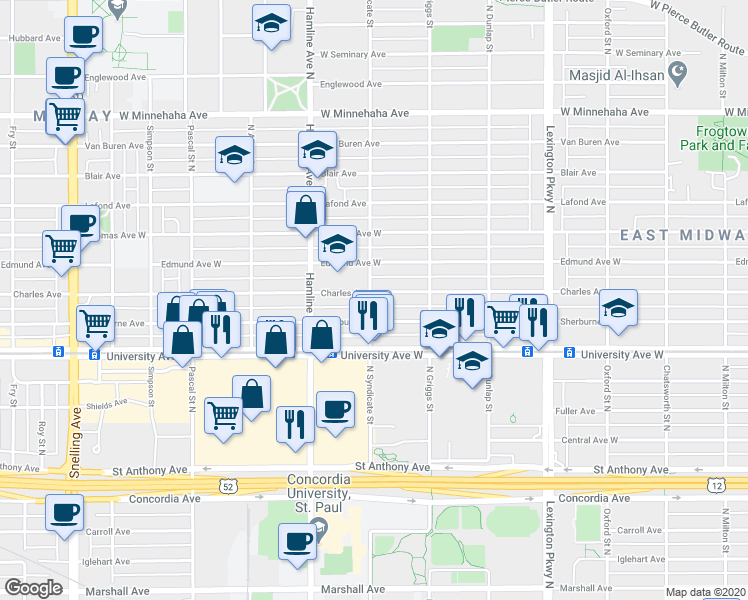 map of restaurants, bars, coffee shops, grocery stores, and more near 554 North Syndicate Street in Saint Paul