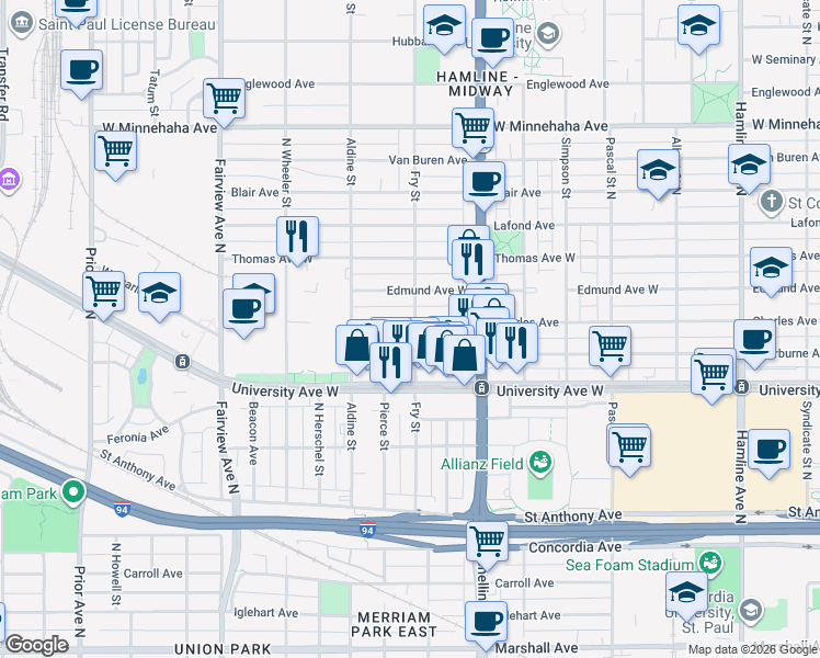 map of restaurants, bars, coffee shops, grocery stores, and more near 1636 Edmund Avenue West in Saint Paul