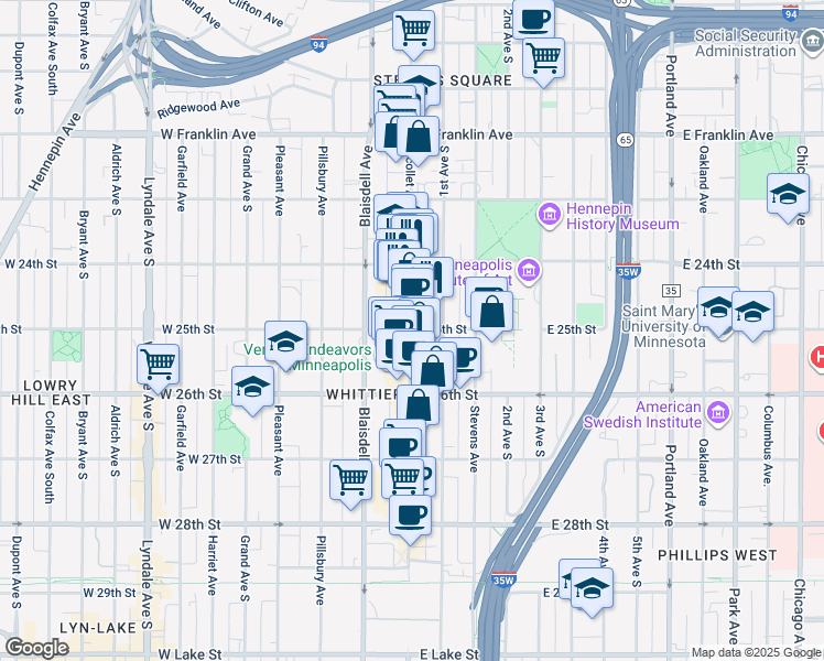 map of restaurants, bars, coffee shops, grocery stores, and more near in Minneapolis