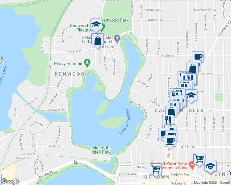 map of restaurants, bars, coffee shops, grocery stores, and more near 2621 Newton Avenue South in Minneapolis