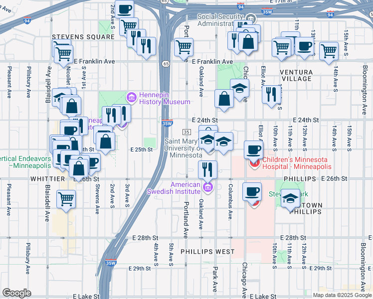 map of restaurants, bars, coffee shops, grocery stores, and more near Portland Ave & E 25th St in Minneapolis