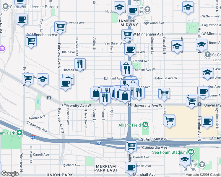 map of restaurants, bars, coffee shops, grocery stores, and more near 1636 Edmund Avenue West in Saint Paul