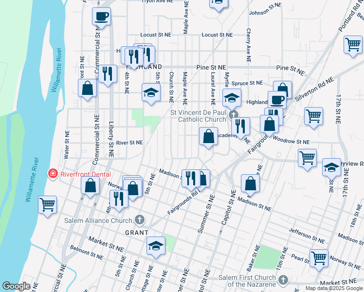 map of restaurants, bars, coffee shops, grocery stores, and more near 1955 Maple Avenue Northeast in Salem