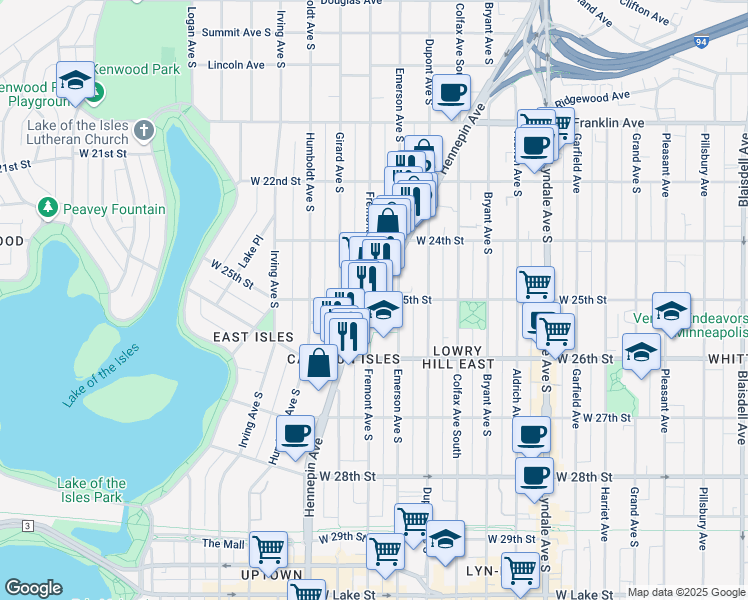 map of restaurants, bars, coffee shops, grocery stores, and more near Hennepin Avenue & West 25th Street in Minneapolis