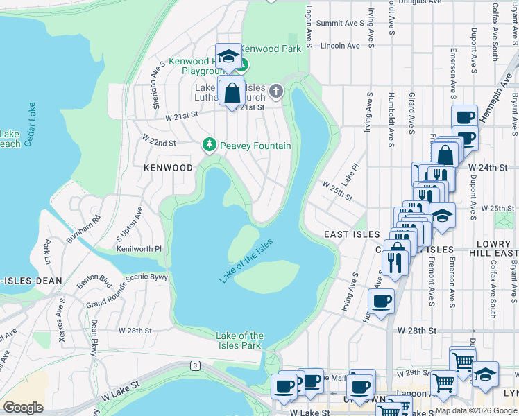 map of restaurants, bars, coffee shops, grocery stores, and more near 2621 Newton Avenue South in Minneapolis
