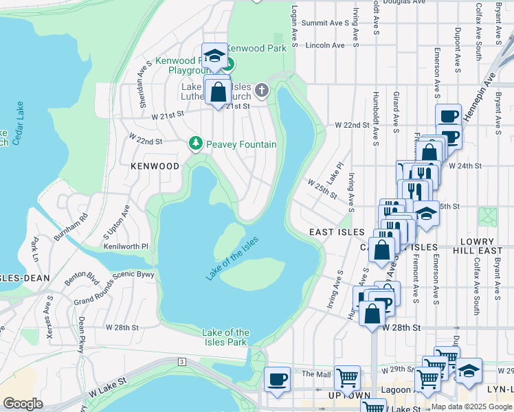 map of restaurants, bars, coffee shops, grocery stores, and more near 2621 Newton Avenue South in Minneapolis