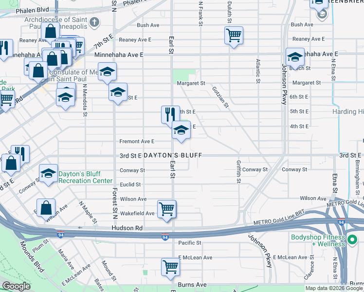 map of restaurants, bars, coffee shops, grocery stores, and more near 1075 3rd Street East in Saint Paul