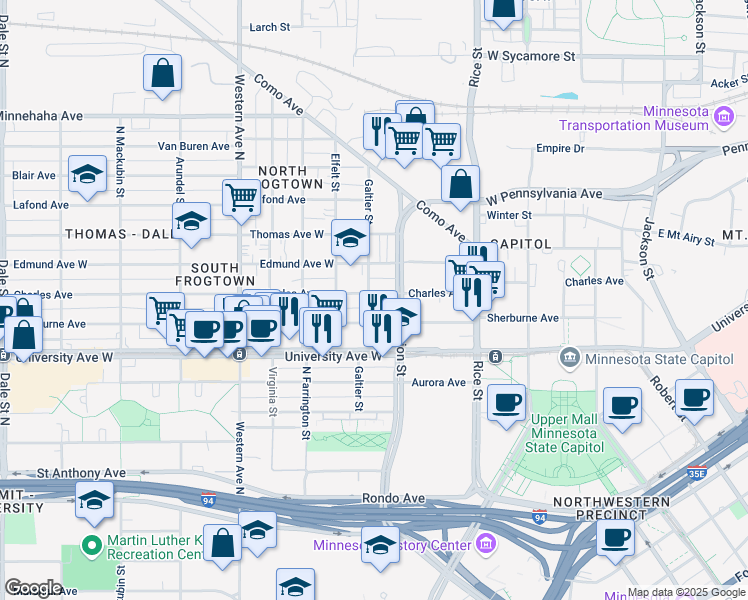 map of restaurants, bars, coffee shops, grocery stores, and more near 265 Charles Avenue in Saint Paul