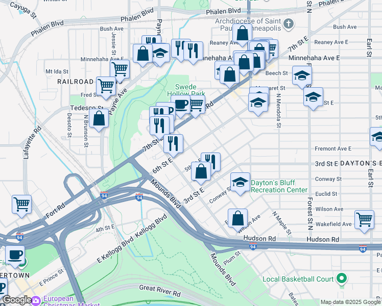 map of restaurants, bars, coffee shops, grocery stores, and more near 365 Bates Avenue in Saint Paul