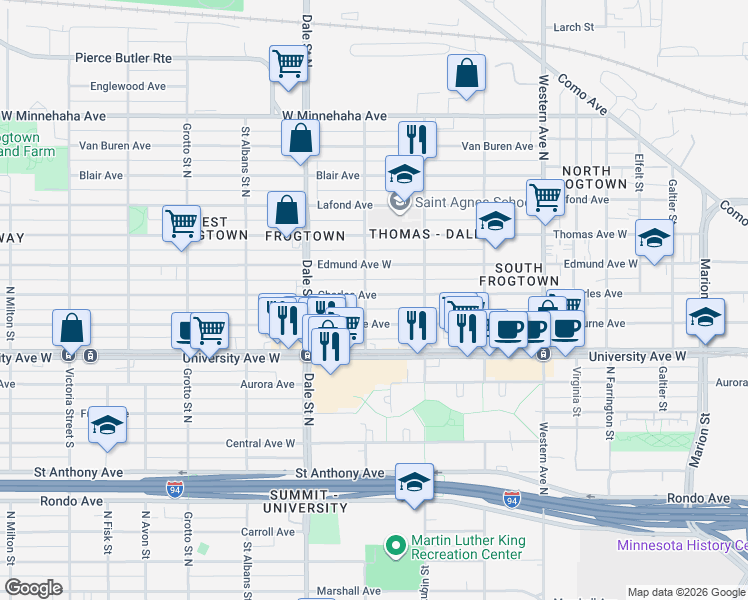 map of restaurants, bars, coffee shops, grocery stores, and more near 547 Charles Avenue in Saint Paul