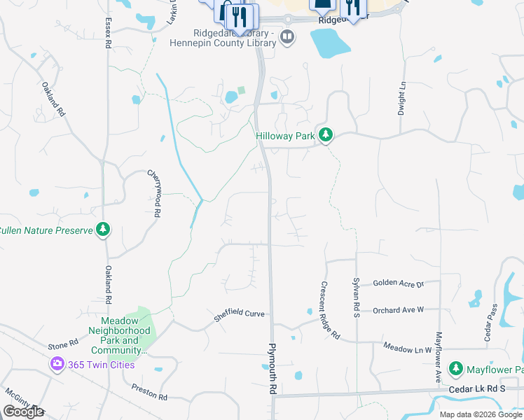map of restaurants, bars, coffee shops, grocery stores, and more near 12819 Forest Meadow Drive in Hopkins