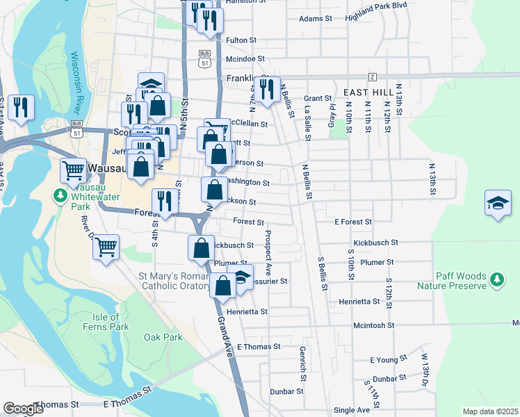 map of restaurants, bars, coffee shops, grocery stores, and more near 718 Jackson Street in Wausau
