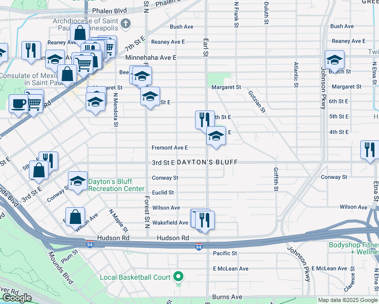 map of restaurants, bars, coffee shops, grocery stores, and more near 1021 Fremont Avenue East in Saint Paul