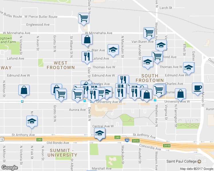 map of restaurants, bars, coffee shops, grocery stores, and more near 547 Charles Avenue in Saint Paul