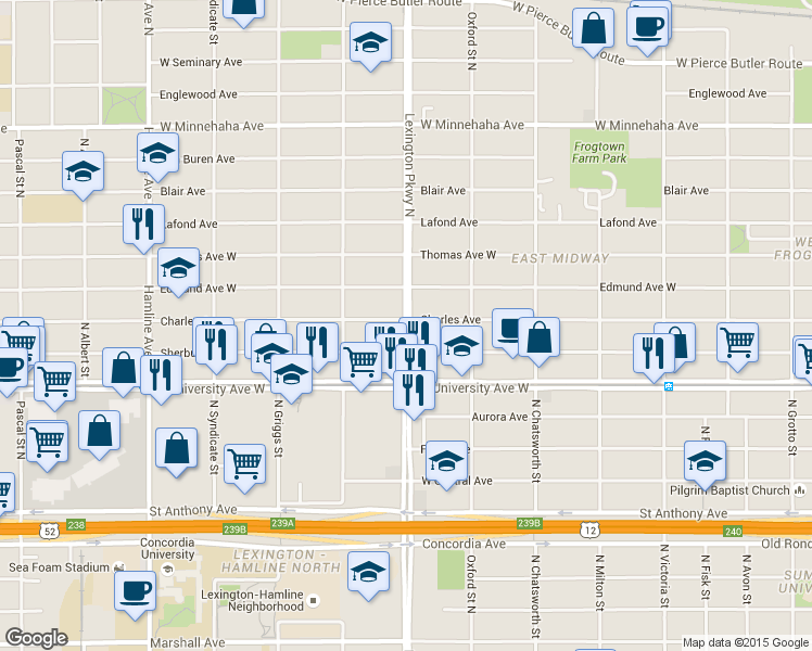 map of restaurants, bars, coffee shops, grocery stores, and more near 535 N Lexington Pkwy in St Paul