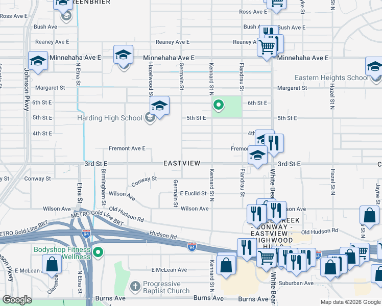 map of restaurants, bars, coffee shops, grocery stores, and more near 1635 Fremont Avenue East in Saint Paul