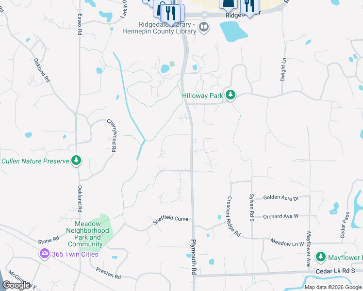 map of restaurants, bars, coffee shops, grocery stores, and more near 12819 Forest Meadow Drive in Hopkins