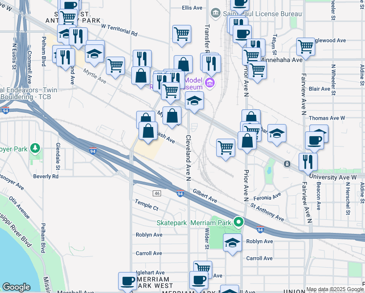 map of restaurants, bars, coffee shops, grocery stores, and more near 2031 Wabash Avenue in Saint Paul