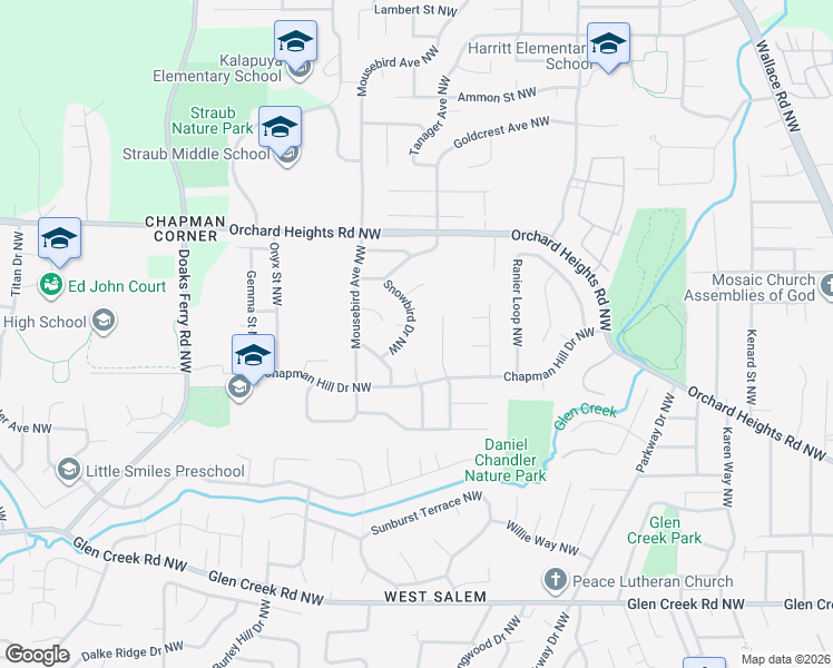 map of restaurants, bars, coffee shops, grocery stores, and more near 1656 Snowbird Drive Northwest in Salem