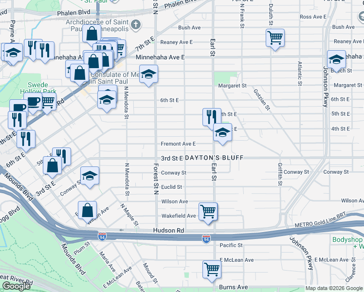 map of restaurants, bars, coffee shops, grocery stores, and more near 991 Fremont Avenue East in Saint Paul