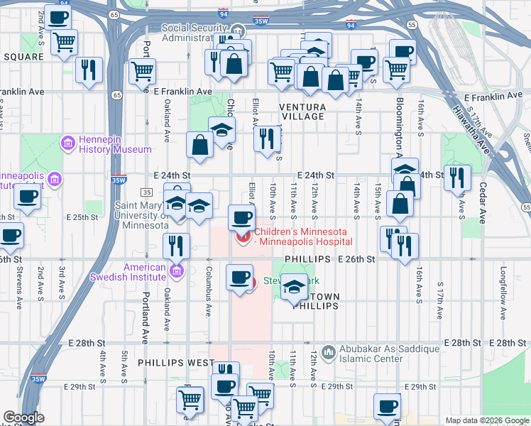 map of restaurants, bars, coffee shops, grocery stores, and more near 2443 Elliot Avenue in Minneapolis