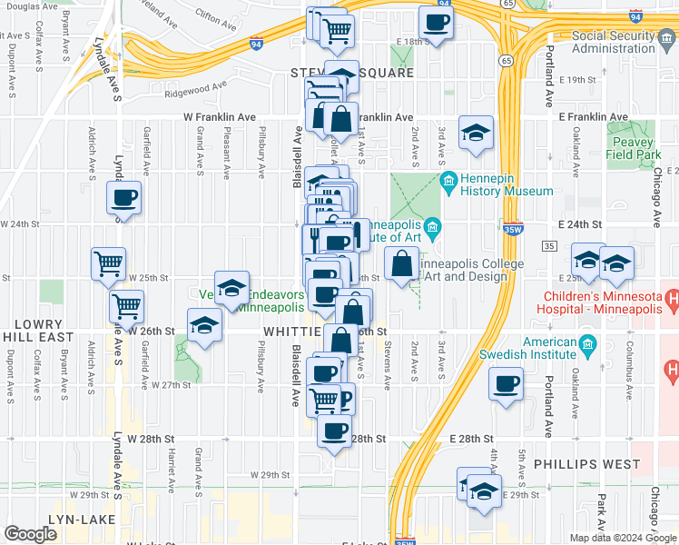 map of restaurants, bars, coffee shops, grocery stores, and more near in Minneapolis