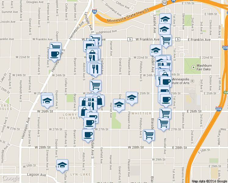 map of restaurants, bars, coffee shops, grocery stores, and more near 2435 Harriet Avenue in Minneapolis