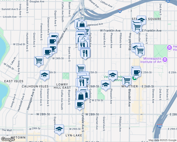 map of restaurants, bars, coffee shops, grocery stores, and more near 2437 Garfield Avenue in Minneapolis